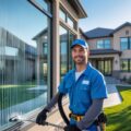 Professional window cleaner washing exterior windows of a modern Boise home to remove dirt, pollen, and hard water stains.
