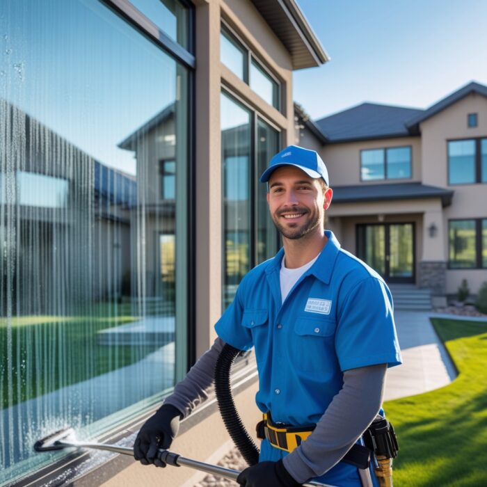Professional window cleaner washing exterior windows of a modern Boise home to remove dirt, pollen, and hard water stains.