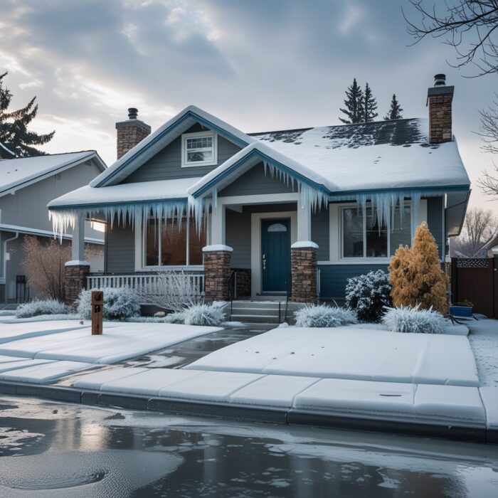 Snow-covered Idaho home with icicles hanging from clogged gutters, illustrating the risks of ice dams and the importance of professional gutter cleaning in Boise, ID.