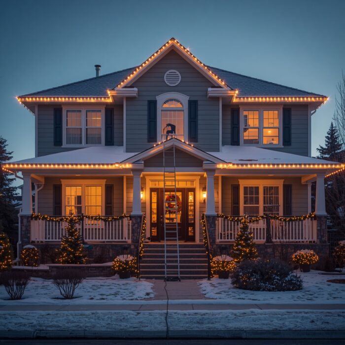 Professional holiday lighting installation on a two-story home in Boise, Idaho